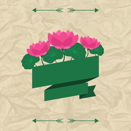 Tropical background with stylized lotus flowers and ribbon.のイラスト素材
