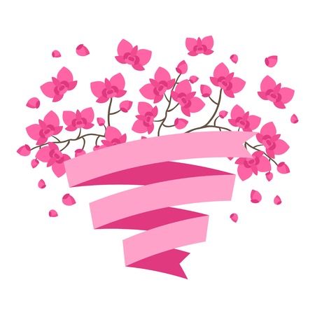 Tropical background with stylized orchid flowers and ribbon.のイラスト素材