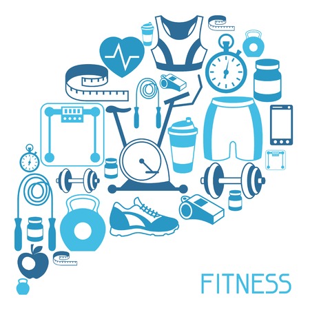 Sports background with fitness icons in flat style.のイラスト素材