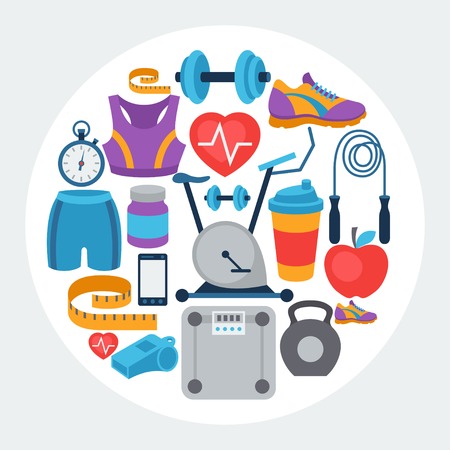 Sports background with fitness icons in flat style.のイラスト素材