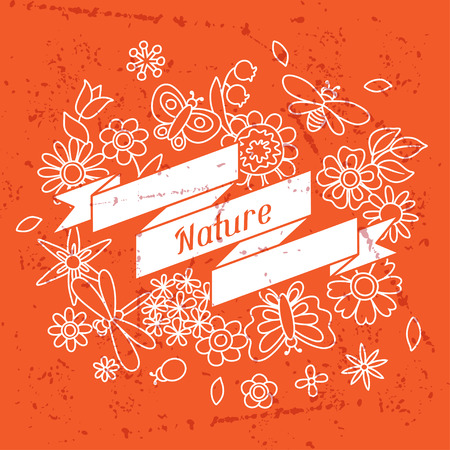 Card with beautiful simple flowers, beetles and butterfliesのイラスト素材