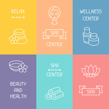 Spa and recreation business cards with icons in linear styleのイラスト素材