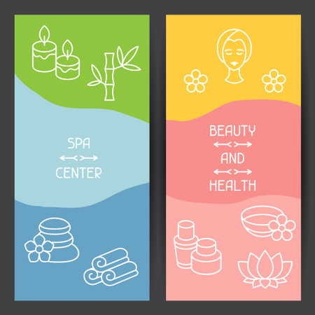 Spa and recreation banners with icons in linear styleのイラスト素材
