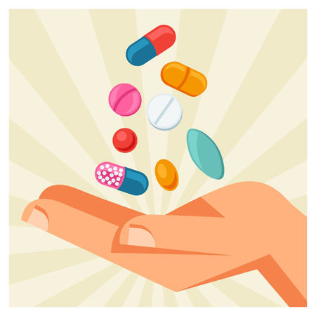Illustration of hand holding various pills and capsulesのイラスト素材