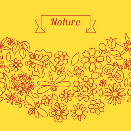 Natural pattern with beautiful flowers, beetles and butterflies.のイラスト素材