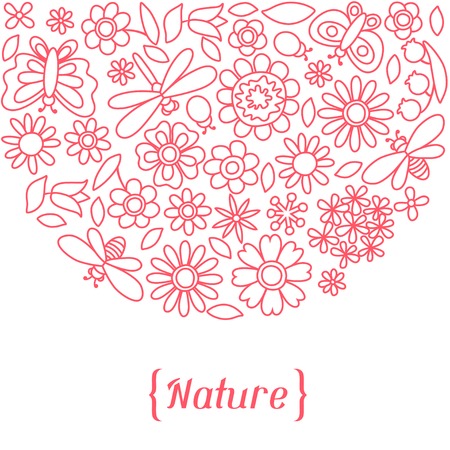 Natural card with beautiful flowers, beetles and butterflies.のイラスト素材