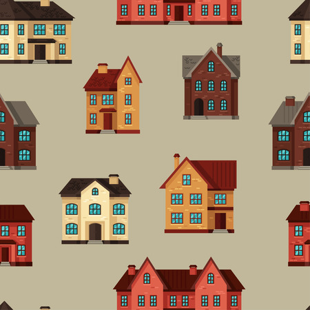 Town seamless pattern with cottages and housesのイラスト素材