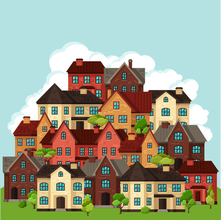 Town background design with cottages and housesのイラスト素材