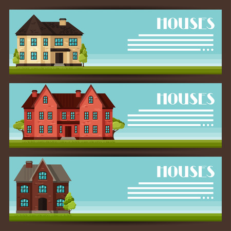 Town horizontal banners design with cottages and housesのイラスト素材
