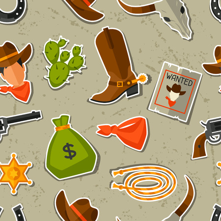 Wild west seamless pattern with cowboy objects and stickersのイラスト素材
