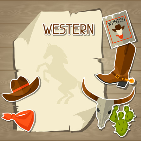 Wild west background with cowboy objects and stickersのイラスト素材