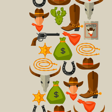 Wild west seamless pattern with cowboy objects and design elementsのイラスト素材