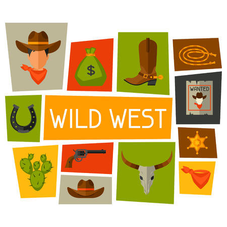 Wild west background with cowboy objects and design elementsのイラスト素材