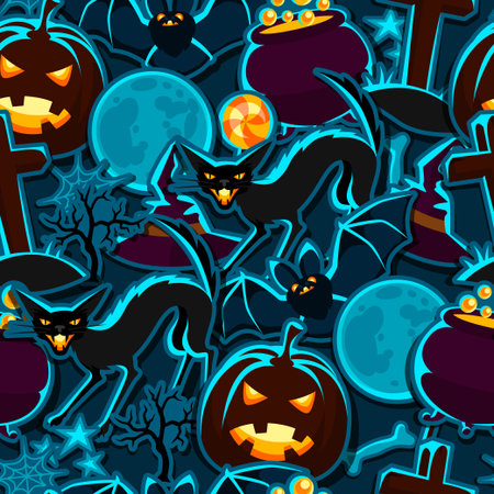 Happy halloween seamless pattern with stickers characters and objects.のイラスト素材