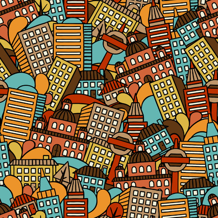 Town seamless pattern with hand drawn houses.のイラスト素材