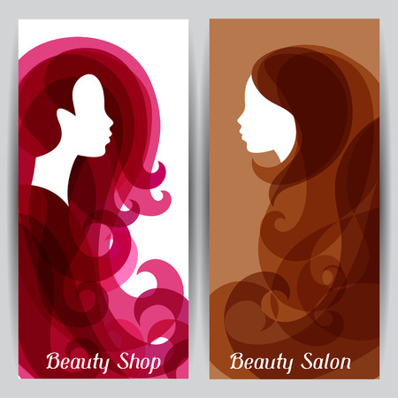 Woman silhouette with curly hair on banners for hairdressing salon.のイラスト素材