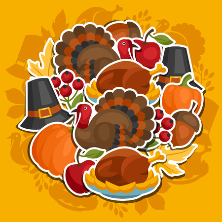 Happy Thanksgiving Day background design with holiday sticker objects.のイラスト素材
