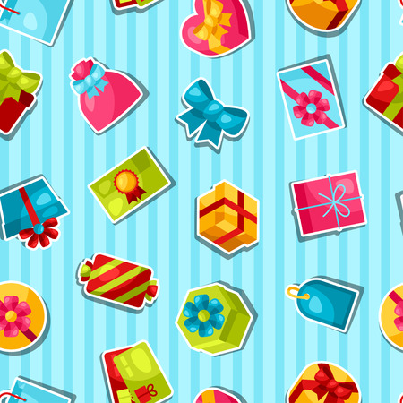 Seamless celebration pattern with colorful sticker gift boxes.のイラスト素材
