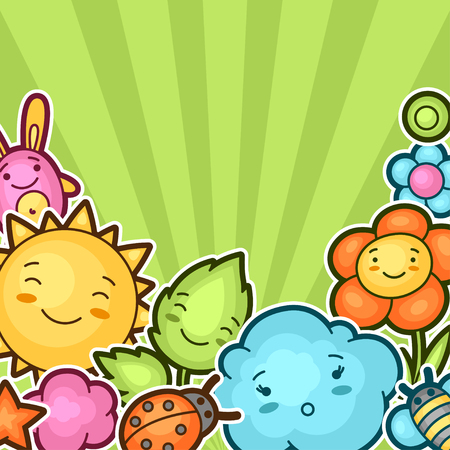 Cute child background with kawaii doodles. Spring collection of cheerful cartoon characters sun, cloud, flower, leaf, beetles and decorative objects.のイラスト素材