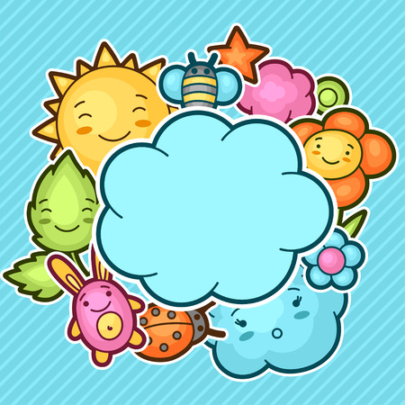 Cute child background with kawaii doodles. Spring collection of cheerful cartoon characters sun, cloud, flower, leaf, beetles and decorative objects.のイラスト素材