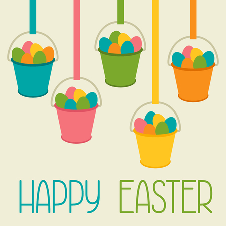 Happy Easter greeting card with decorative buckets. Concept can be used for holiday invitations and posters.のイラスト素材