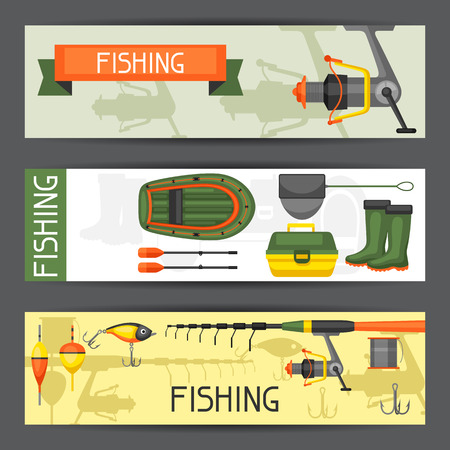 Background with fishing supplies. Design for flayers, covers, brochures and advertising booklets.のイラスト素材