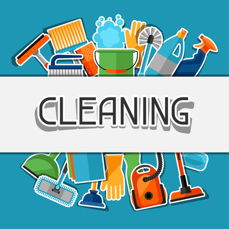 Housekeeping background with cleaning sticker icons. Image can be used on advertising booklets, banners, flayers, article, social media.のイラスト素材