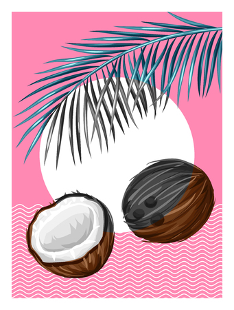 Poster with coconuts. Tropical abstract background in retro style. Image for holiday invitations, greeting cards, posters.のイラスト素材