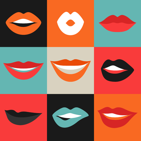 Female lips set. Mouths with red lipstick in variety of expressions. Objects for decoration, design on advertising booklets, banners, flayers.のイラスト素材