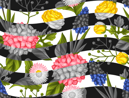Seamless pattern with garden flowers. Decorative hortense, ranunculus, muscari and marguerite. Easy to use for backdrop, textile, wrapping paper, wallpaper.のイラスト素材