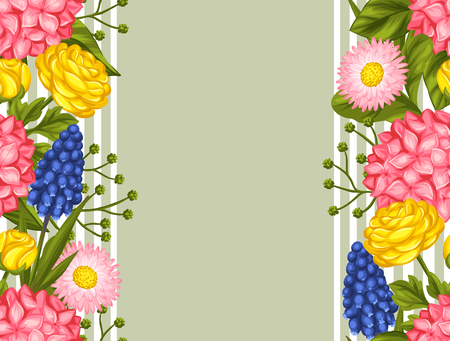 Seamless pattern with garden flowers. Decorative hortense, ranunculus, muscari and marguerite. Easy to use for backdrop, textile, wrapping paper, wallpaper.のイラスト素材