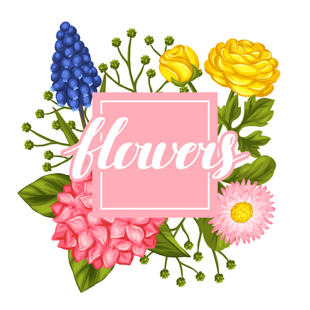 Invitation card with garden flowers. Decorative hortense, ranunculus, muscari and marguerite. Image for wedding invitations, romantic cards, posters.のイラスト素材