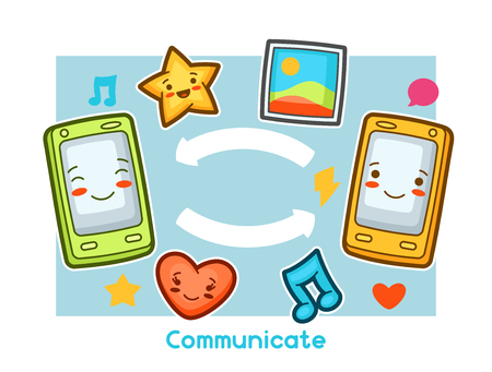 Gadgets communication funny card. Doodles with pretty facial expression.のイラスト素材