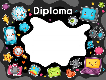 Gadgets social network diploma. Doodles with pretty facial expression. Illustration of phone, tablet, globe, camera, laptop, headphones and other.のイラスト素材