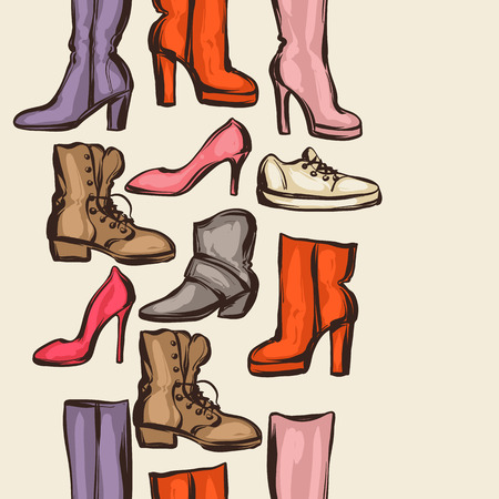 Seamless pattern with shoes. Hand drawn illustration female footwear, boots and stiletto heels.のイラスト素材
