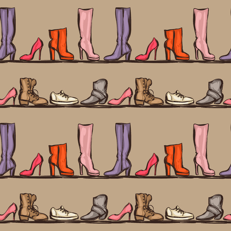 Seamless pattern with shoes. Hand drawn illustration female footwear, boots and stiletto heels.のイラスト素材