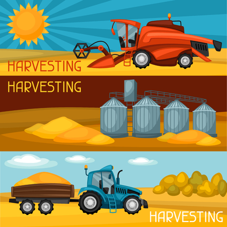 Set of harvesting banners. Combine harvester, tractor and granary. Agricultural illustration farm rural landscape.のイラスト素材