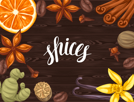 Background design with various spices. Illustration of anise, cloves, vanilla, ginger and cinnamon.のイラスト素材