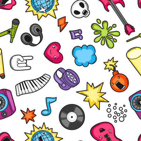 Music party  seamless pattern. Musical instruments, symbols and objects in cartoon style.のイラスト素材