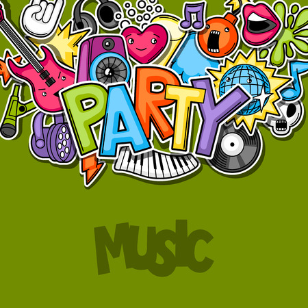 Music party background. Musical instruments, symbols and objects in cartoon style.のイラスト素材