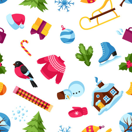 Seamless pattern with winter objects. Merry Christmas, Happy New Year holiday items and symbols.のイラスト素材