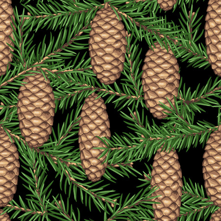 Seamless pattern with fir branches and cones. Detailed vintage illustration.のイラスト素材