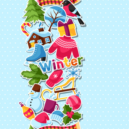 Seamless pattern with winter stickers. Merry Christmas, Happy New Year holiday items and symbols.のイラスト素材