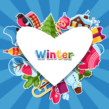 Background with winter stickers. Merry Christmas, Happy New Year holiday items and symbols.のイラスト素材