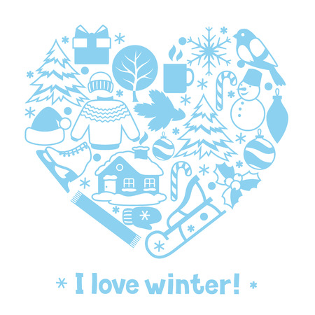 I love winter. Merry Christmas, Happy New Year holiday items and symbols.のイラスト素材