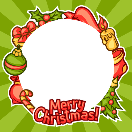 Merry Christmas invitation frame with holiday symbols.のイラスト素材