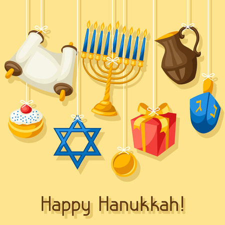 Jewish Hanukkah celebration card with holiday objects.のイラスト素材