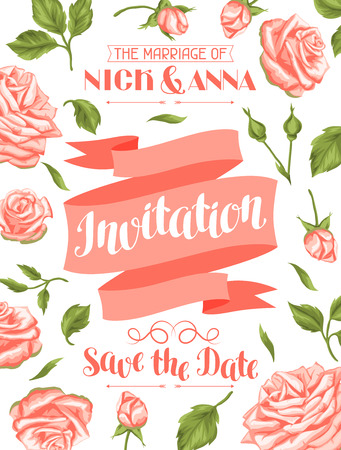Wedding invitation card template with roses. Calligraphic text and vintage flowers.のイラスト素材