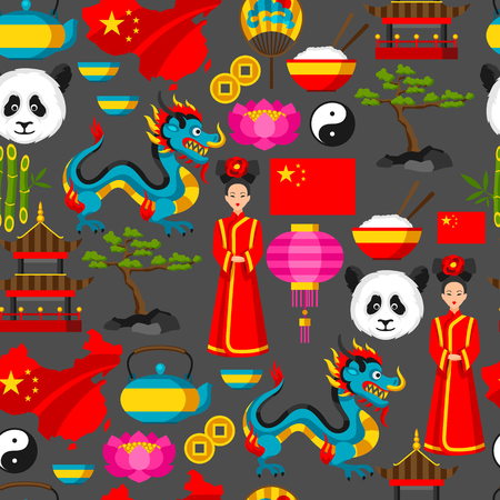 China seamless pattern. Chinese symbols and objects.のイラスト素材