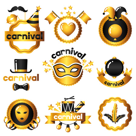 Carnival badges with gold icons and objects. Celebration party setのイラスト素材